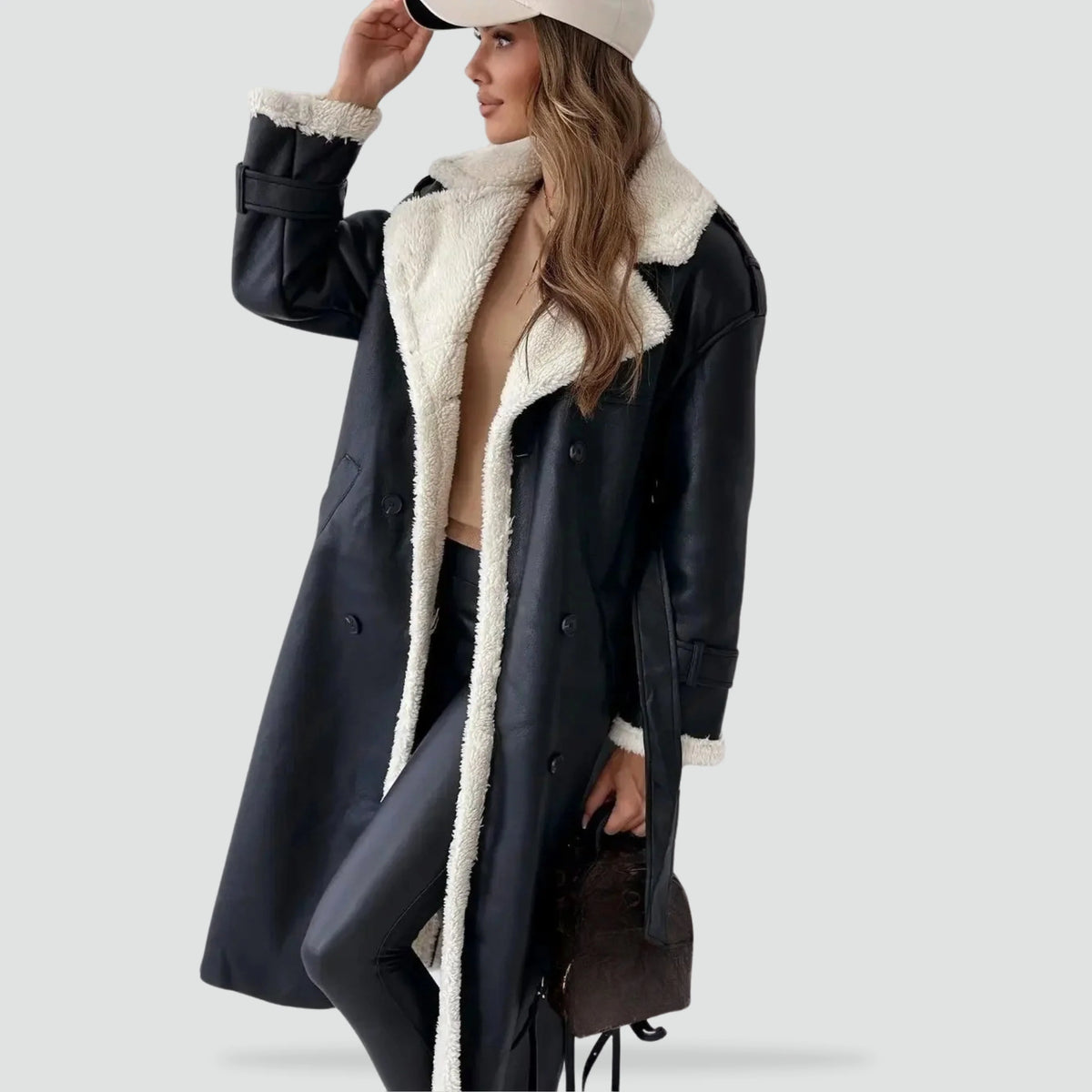Liora Women's Long Coat | Elegant Sherpa Lining, Double Row Buttons 1