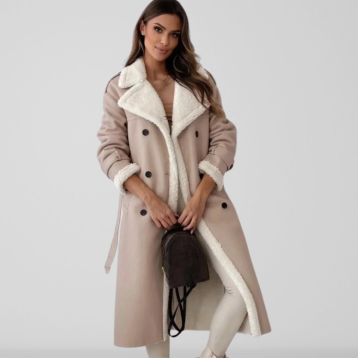 Liora Women's Long Coat | Elegant Sherpa Lining, Double Row Buttons 2
