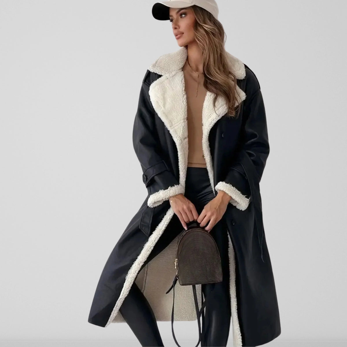 Liora Women's Long Coat | Elegant Sherpa Lining, Double Row Buttons 4
