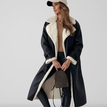 Liora Women's Long Coat | Elegant Sherpa Lining, Double Row Buttons 4
