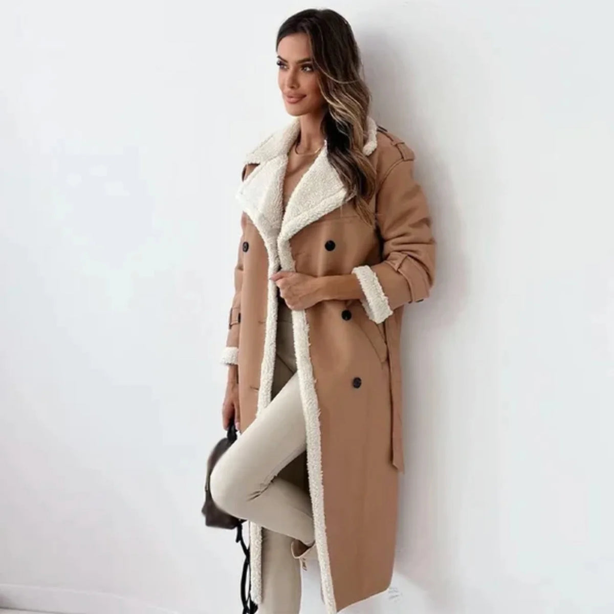 Liora Women's Long Coat | Elegant Sherpa Lining, Double Row Buttons 5