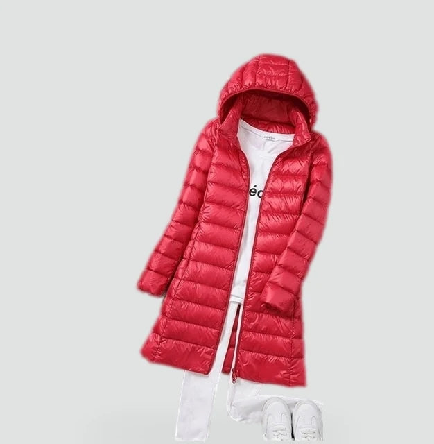 Liora Women's Long Down Coat | Premium White Duck Down, Detachable Hood 1