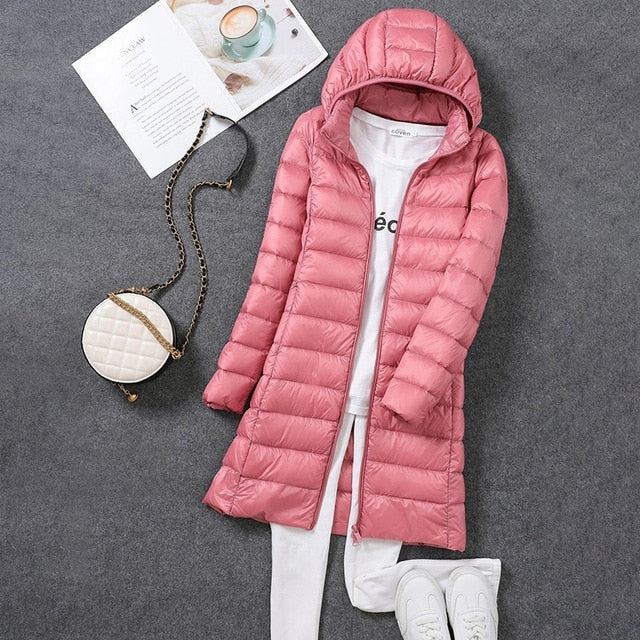 Liora Women's Long Down Coat | Premium White Duck Down, Detachable Hood 2