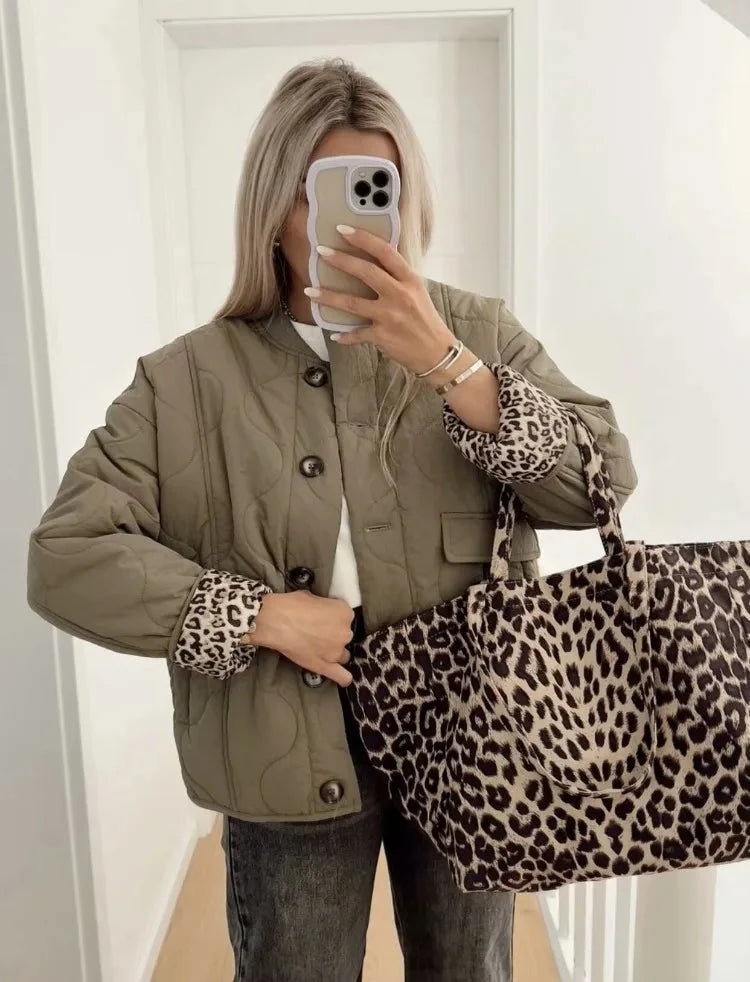 Liora Women's Quilted Coat | Leopard Lining, Loose Fit 0