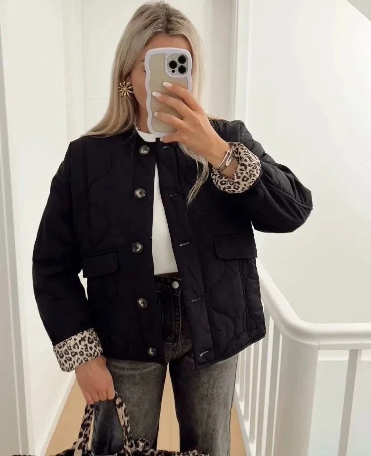 Liora Women's Quilted Coat | Leopard Lining, Loose Fit 2