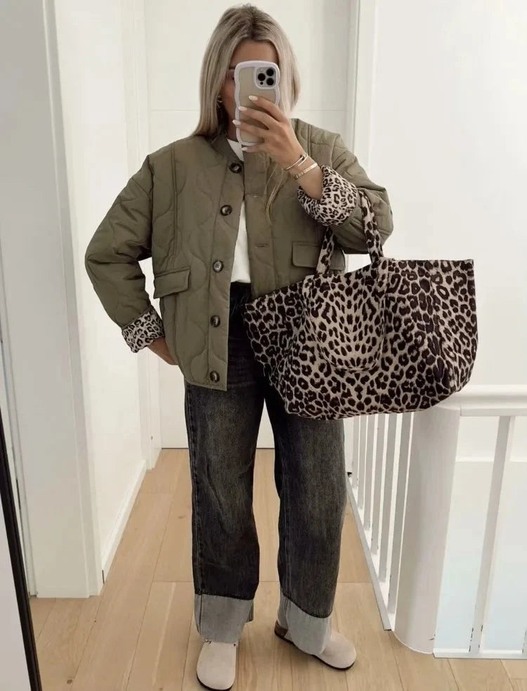 Liora Women's Quilted Coat | Leopard Lining, Loose Fit 3
