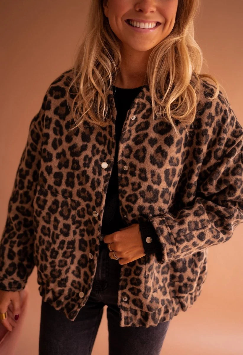 Liora Women's Quilted Jacket | Oversized Leopard Print, Snap Front 0