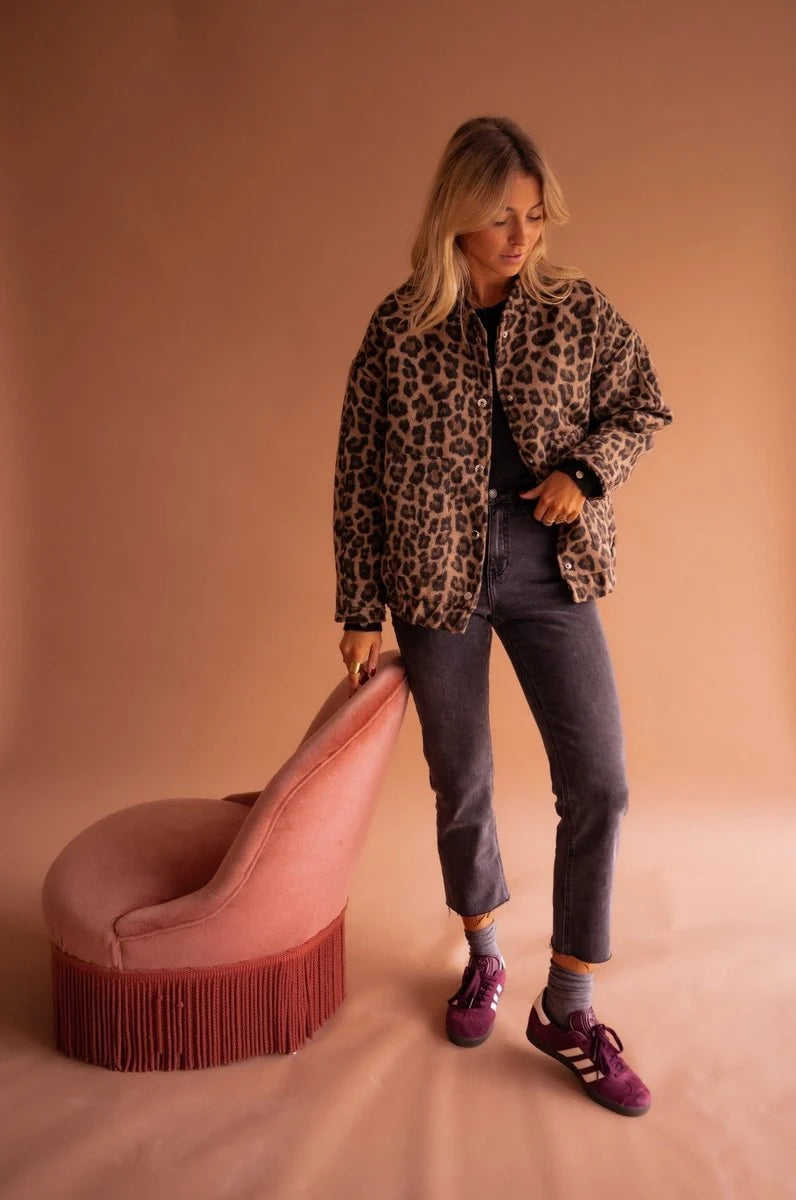 Liora Women's Quilted Jacket | Oversized Leopard Print, Snap Front 4