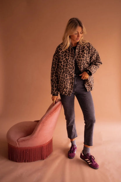 Liora Women's Quilted Jacket | Oversized Leopard Print, Snap Front 4