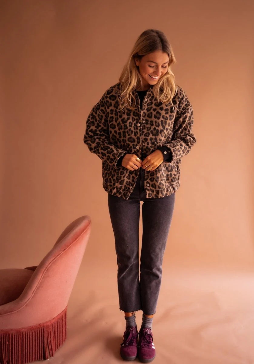 Liora Women's Quilted Jacket | Oversized Leopard Print, Snap Front 8