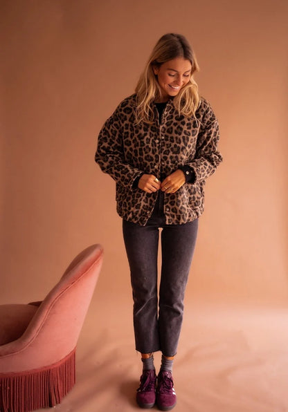 Liora Women's Quilted Jacket | Oversized Leopard Print, Snap Front 8