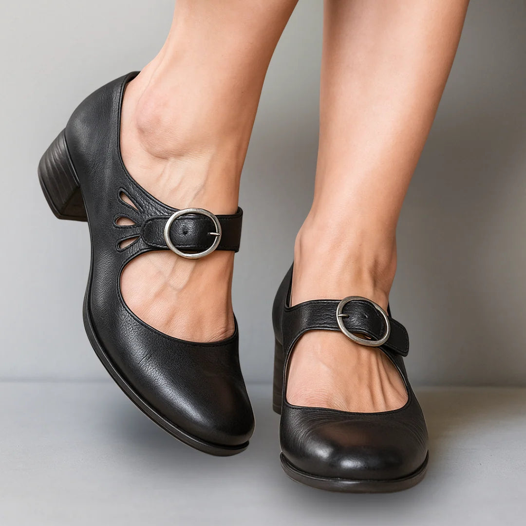 Mara Women's Mary Jane Shoes | Buckle Strap, Block Heel, Side Cutout 0