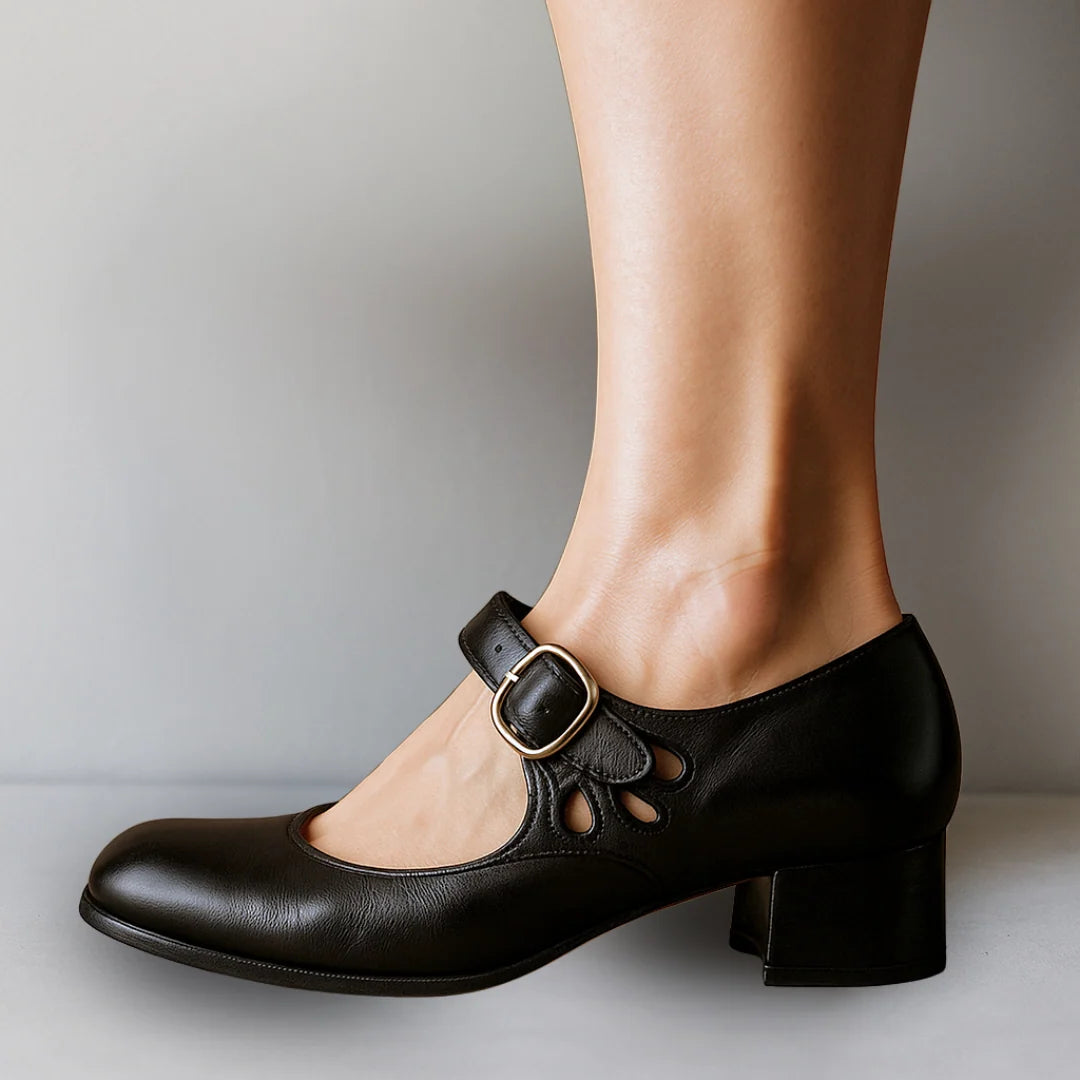 Mara Women's Mary Jane Shoes | Buckle Strap, Block Heel, Side Cutout 1