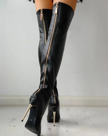 Mara Women's Thigh High Boots | Gold Stiletto Heel, Zipper Detail 0
