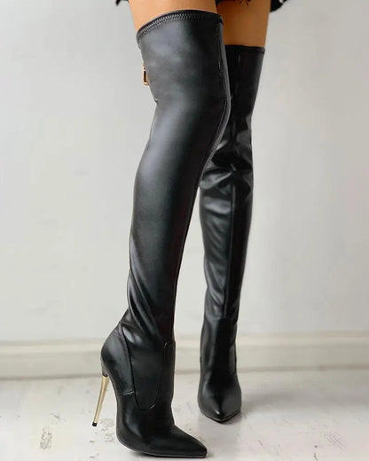 Mara Women's Thigh High Boots | Gold Stiletto Heel, Zipper Detail 5