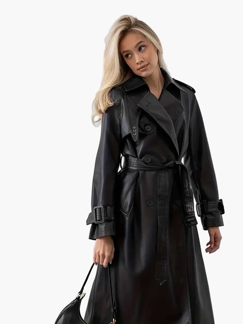 Mara Women's Trench Coat | High-Quality Faux Leather, Double Breasted Design 0