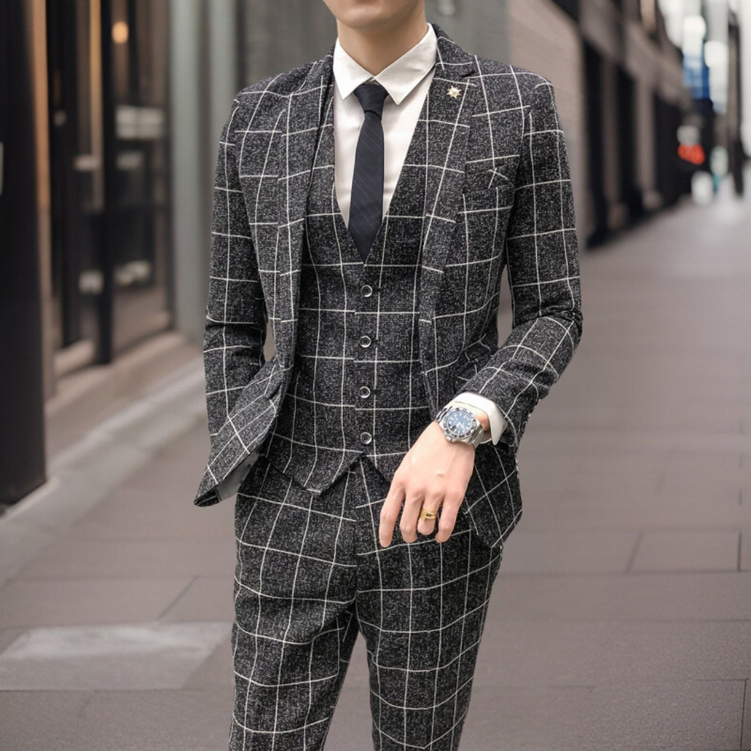 Max Men's Wedding Suit | Checkered Three-Piece Ensemble, Slim Fit 0