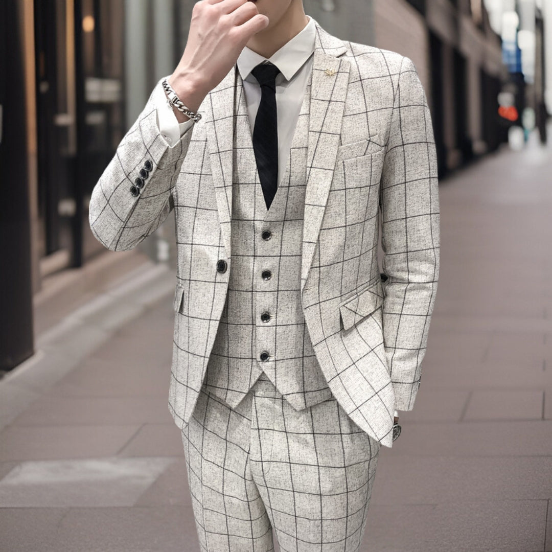 Max Men's Wedding Suit | Checkered Three-Piece Ensemble, Slim Fit 1