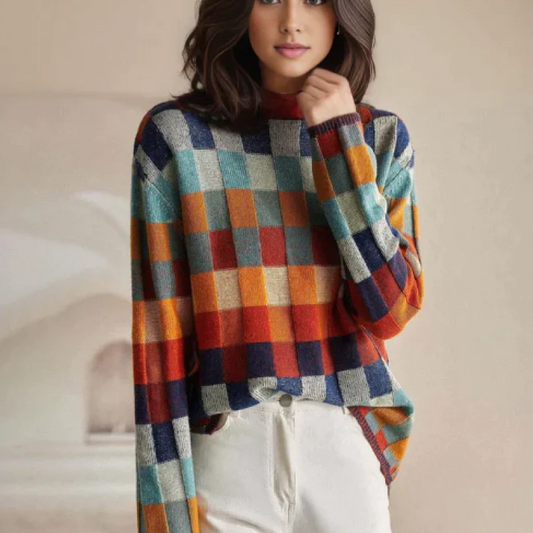 Mila Women's Sweater | Color Block & Check Pattern, Cozy Fit 0
