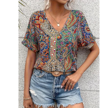 Mira Women's Blouse | Flattering V-Neck, Multicolor Design 0