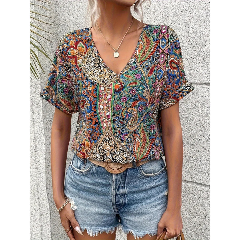 Mira Women's Blouse | Flattering V-Neck, Multicolor Design 1