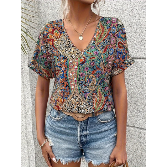 Mira Women's Blouse | Flattering V-Neck, Multicolor Design 1