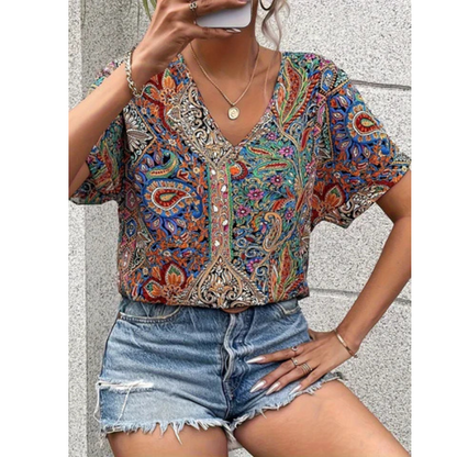 Mira Women's Blouse | Flattering V-Neck, Multicolor Design 3