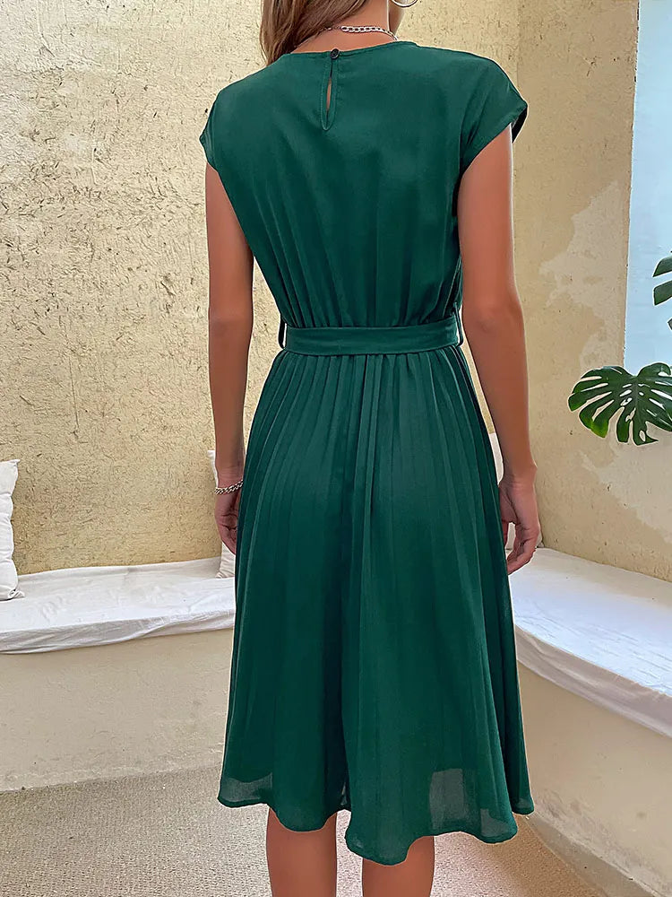 Mira Women's Midi Dress | Pleated Design, Short Sleeves, Summer Style 2