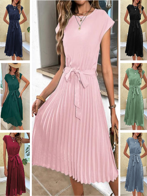 Mira Women's Midi Dress | Pleated Design, Short Sleeves, Summer Style 7