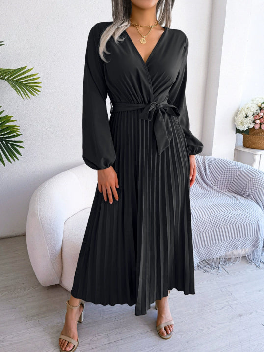 Mira Women's Midi Dress | Pleated Skirt, V-Neck, Belted 0