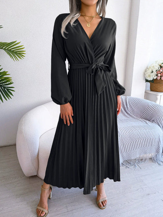 Mira Women's Midi Dress | Pleated Skirt, V-Neck, Belted 0