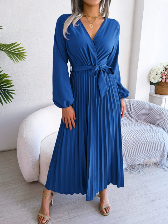 Mira Women's Midi Dress | Pleated Skirt, V-Neck, Belted 1
