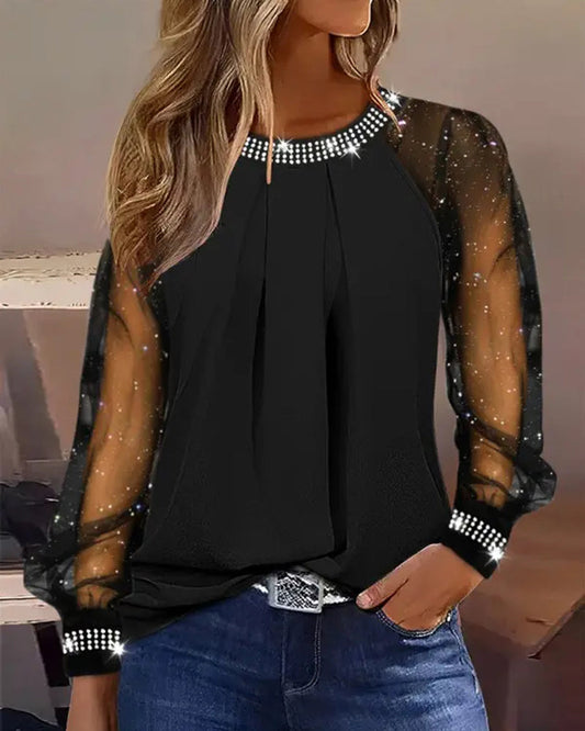 Mira Women's Sequin Mesh Top | Soft Cotton Blend, Casual Elegance 0
