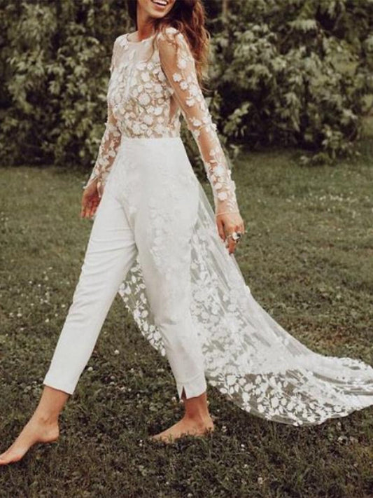 Mira Women's White Bridal Jumpsuit | Long Sleeve, Modern Style 1