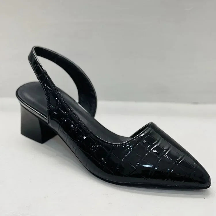 Olina Women's Black Pumps | Crocodile Print, Block Heel 2