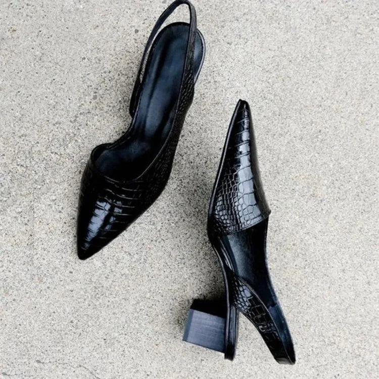 Olina Women's Black Pumps | Crocodile Print, Block Heel 3
