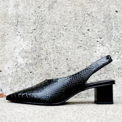 Olina Women's Black Pumps | Crocodile Print, Block Heel 4