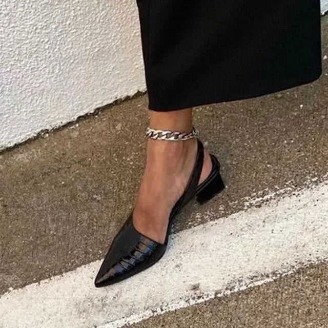 Olina Women's Black Pumps | Crocodile Print, Block Heel 6