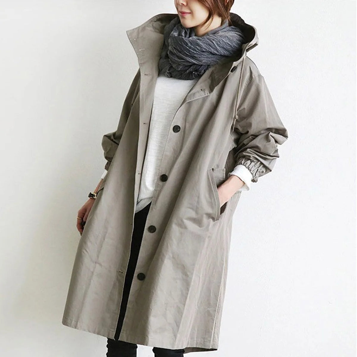 Olwen Women's Midi Trench Coat | Oversized Relaxed Fit with Hood 0