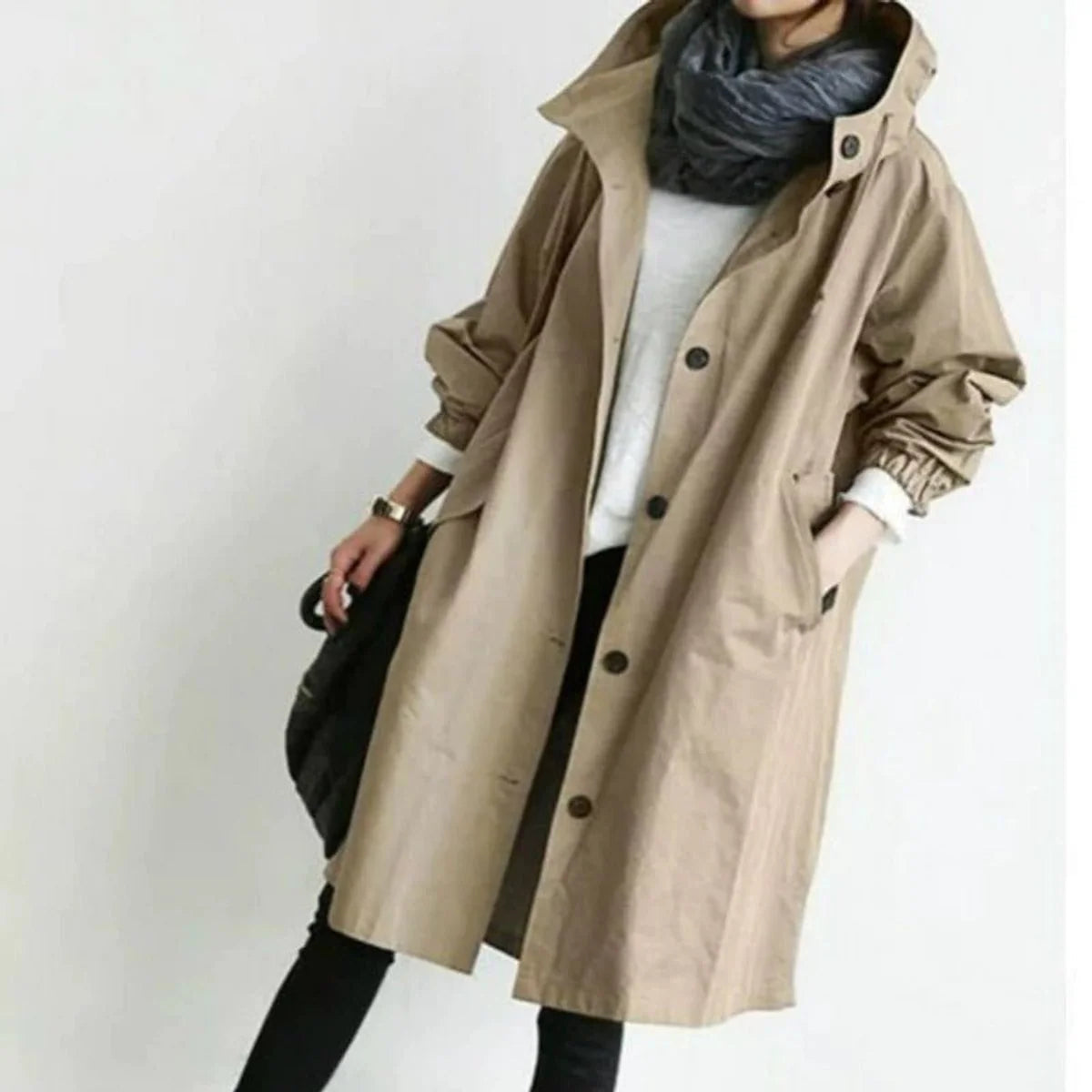 Olwen Women's Midi Trench Coat | Oversized Relaxed Fit with Hood 1