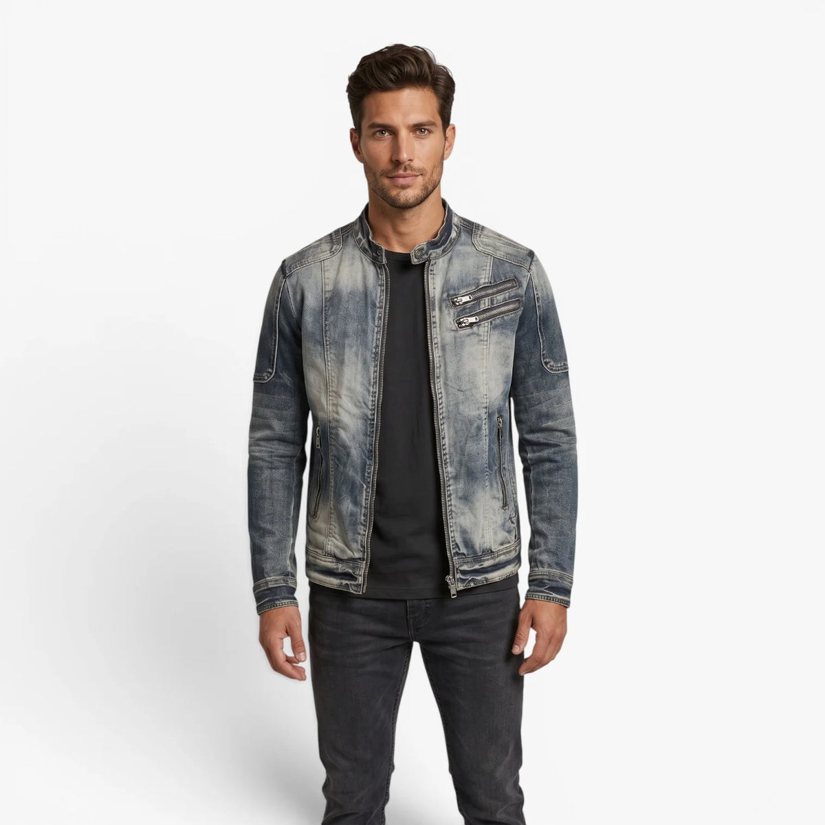 Oren Men's Denim Jacket | Vintage Style, Stand-Up Collar 1