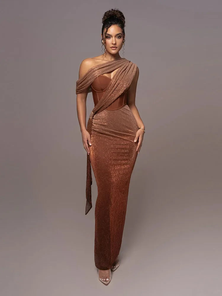 Rhea Women's Evening Dress | One-Shoulder Metallic Elegance 0