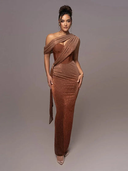 Rhea Women's Evening Dress | One-Shoulder Metallic Elegance 0