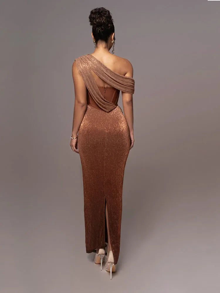 Rhea Women's Evening Dress | One-Shoulder Metallic Elegance 1