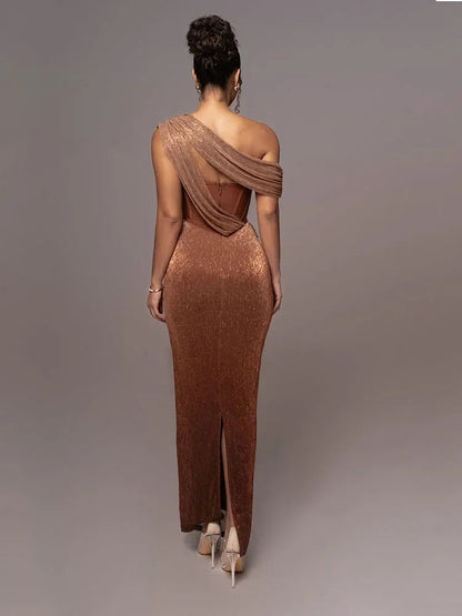 Rhea Women's Evening Dress | One-Shoulder Metallic Elegance 1