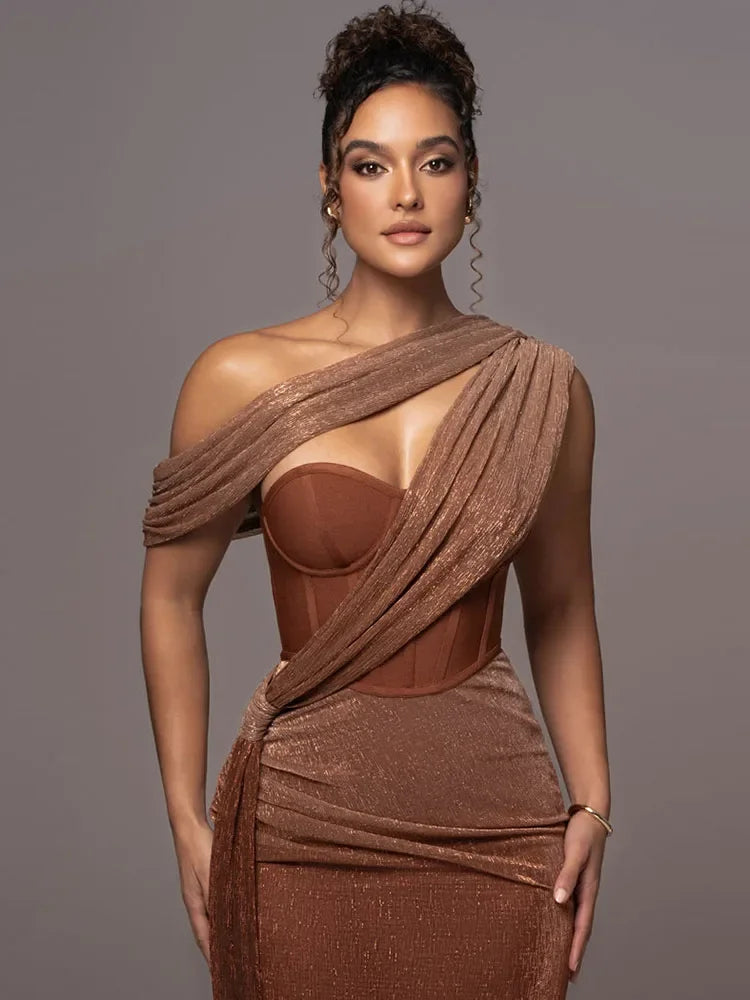 Rhea Women's Evening Dress | One-Shoulder Metallic Elegance 2