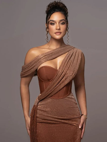 Rhea Women's Evening Dress | One-Shoulder Metallic Elegance 2