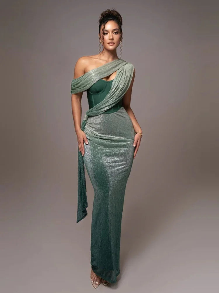 Rhea Women's Evening Dress | One-Shoulder Metallic Elegance 3
