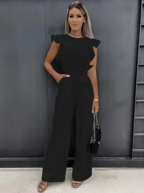 Rina Women's Jumpsuit | Ruffle Sleeves, Wide Leg, Elegant Black Design 0