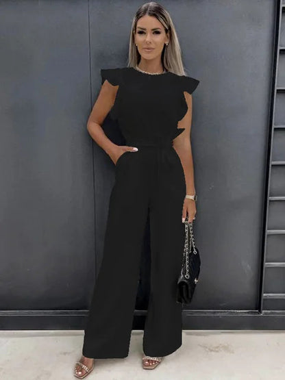 Rina Women's Jumpsuit | Ruffle Sleeves, Wide Leg, Elegant Black Design 0